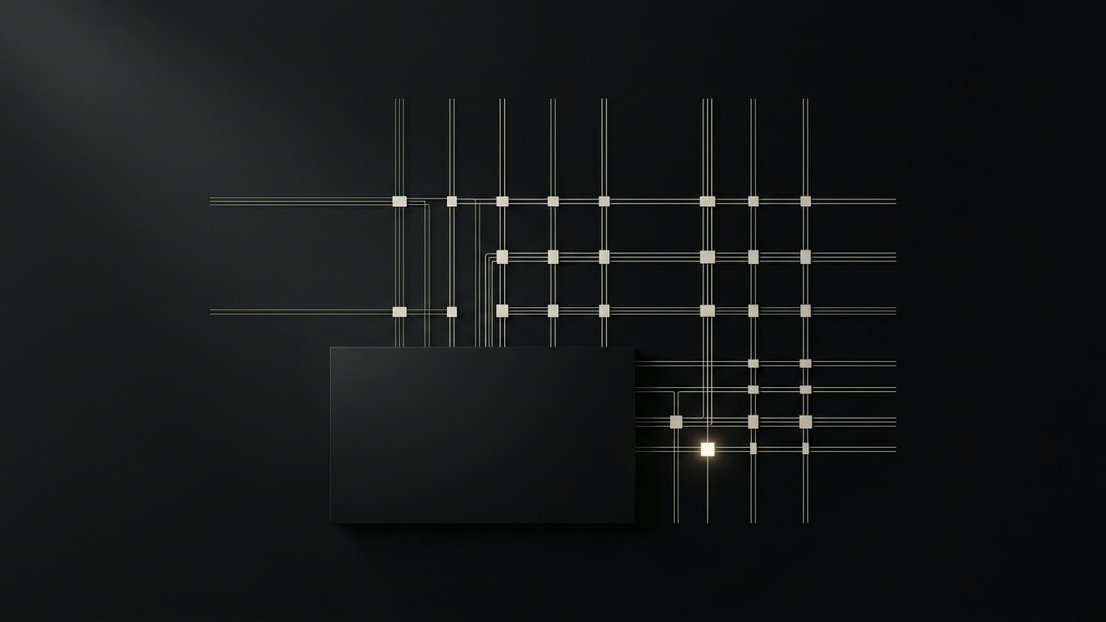 A calm grid of faint conduit lines running behind a minimal architectural plane, one node illuminated